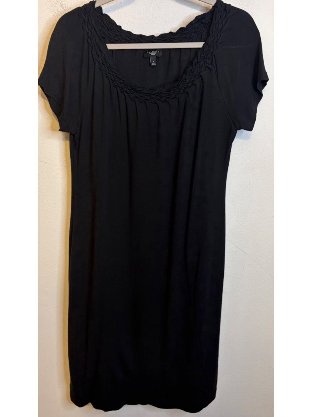 TALBOTS Jersey Knit Black Short Sleeve Braided Neckline Dress Petite Medium MP